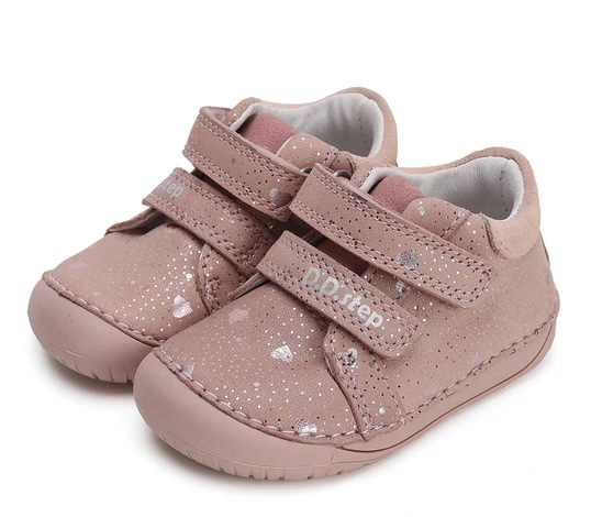 Dívčí kožená barefoot obuv D.step S070-42189A se srdíčky