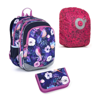 SET Školní batoh s penálem a pláštěnkou TOPGAL ELLY 21004 ptáčci