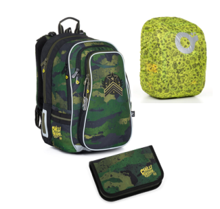 SET Školní batoh s penálem a pláštěnkou TOPGAL LYNN 21018 vojenský