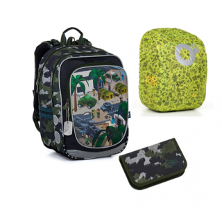 SET Školní batoh s penálem a pláštěnkou TOPGAL ENDY 21016 minecraft vojenský