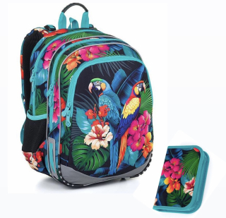 SET Školní batoh s penálem TOPGAL ELLY 24004 s papoušky